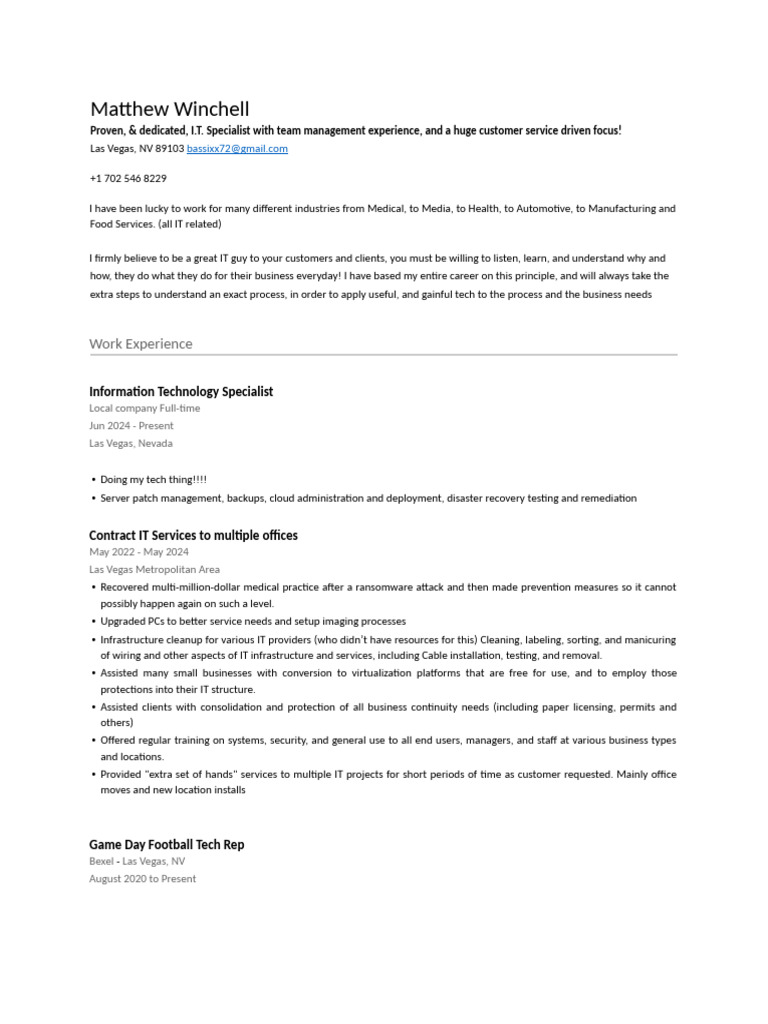 Matthew Winchell Resume | PDF | Technical Support | Expert