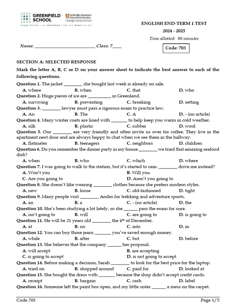 Grade 7 English End-Term Test 2024-2025 | PDF | Internet | Banks