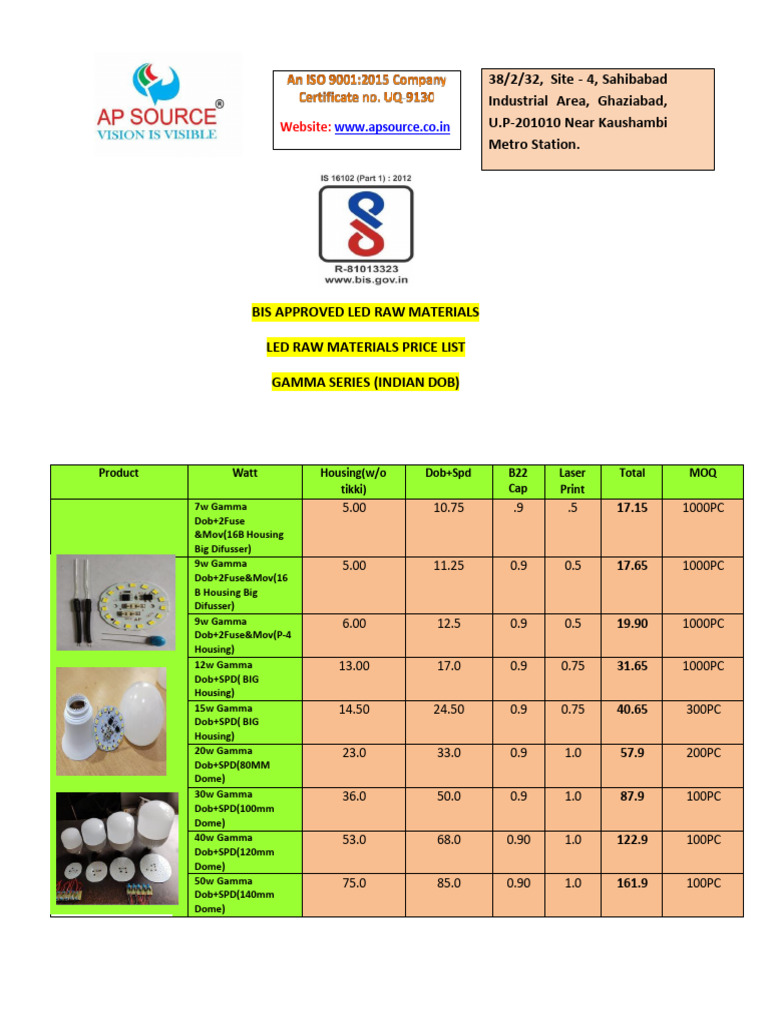 LED Raw Material Price List India | PDF | Electrical Engineering ...