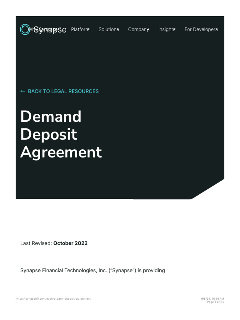 Evolve Deposit Agreement | Synapse | PDF | Cheque | Debit Card
