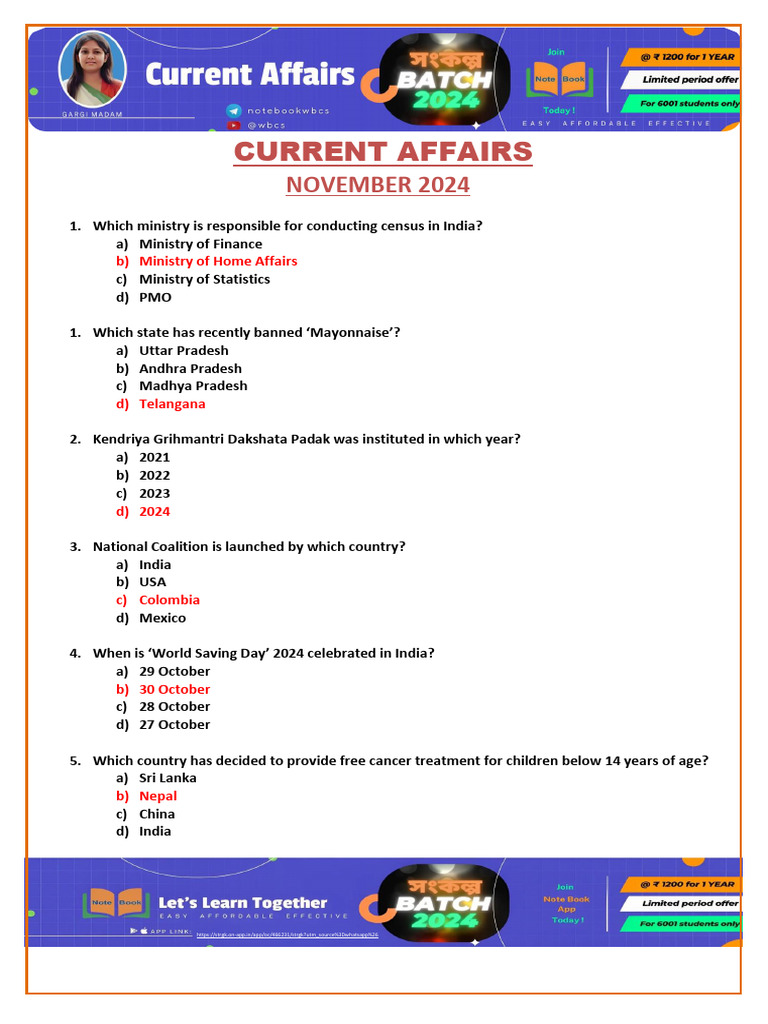 November 2024 Current Affairs Quiz | PDF