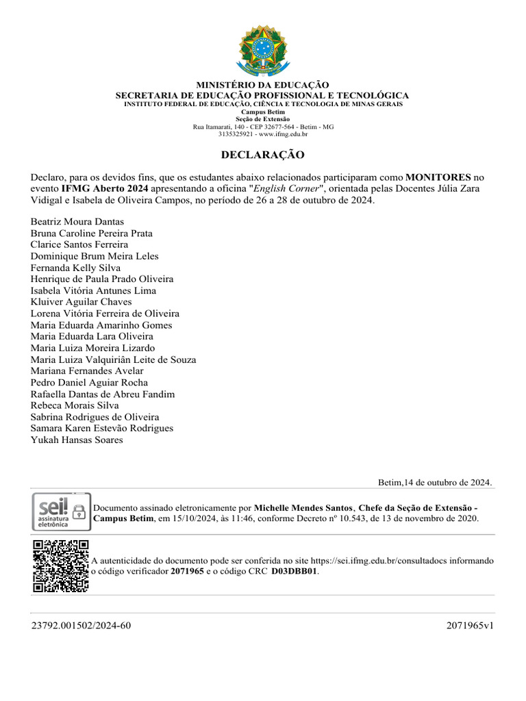 Declaração de Monitores IFMG 2024 | PDF