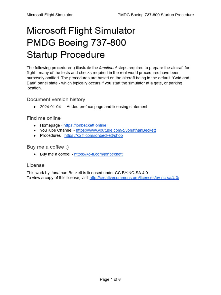 PMDG 737-800 Cold and Dark Startup Guide | PDF | Aircraft | Transport