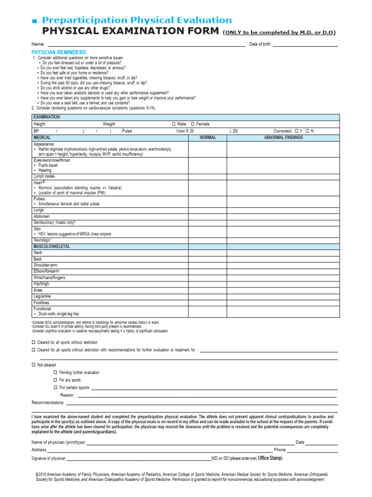 Preparticipation Physical Evaluation Form | PDF | Heart | Clinical Medicine
