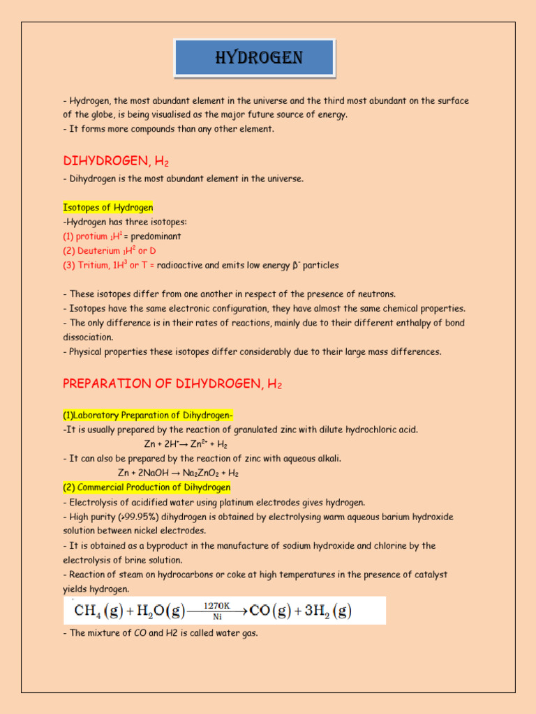 Hydrogen Short Notes Apronboy | PDF | Hydride | Hydrogen