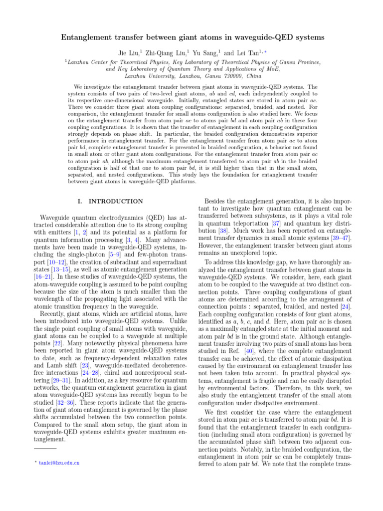 Entanglement Transfer in Giant Atoms | PDF | Quantum Entanglement | Atoms