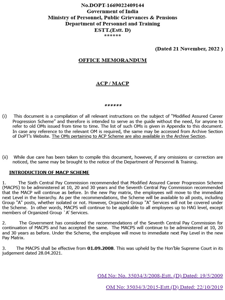 MACP Scheme Guidelines and Updates | PDF | Government Of India | Government