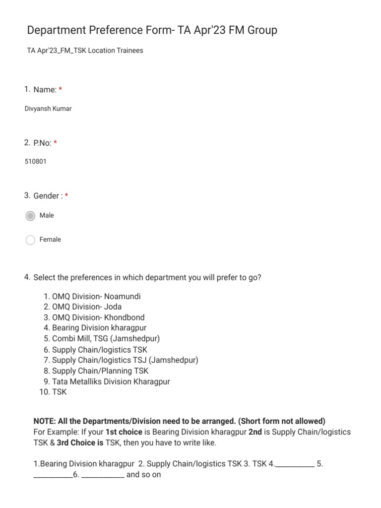 Department Preference Form - TA Apr'23 FM Group | PDF