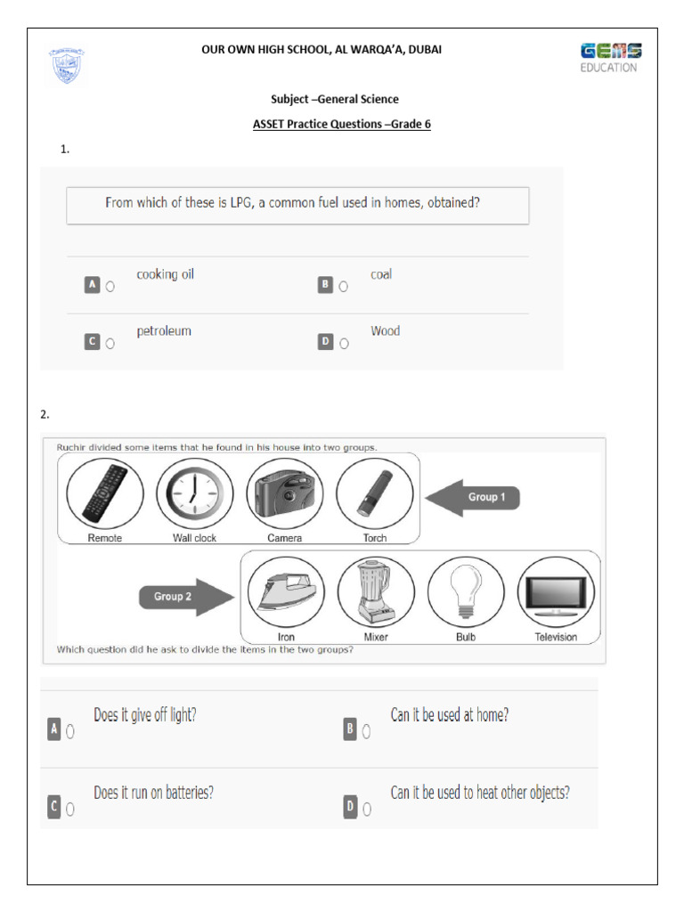 ASSET Practice Questions - Grade 6-14-11 | PDF