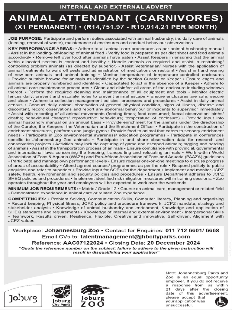 Animal Attendant (Carnivores) Advert | PDF