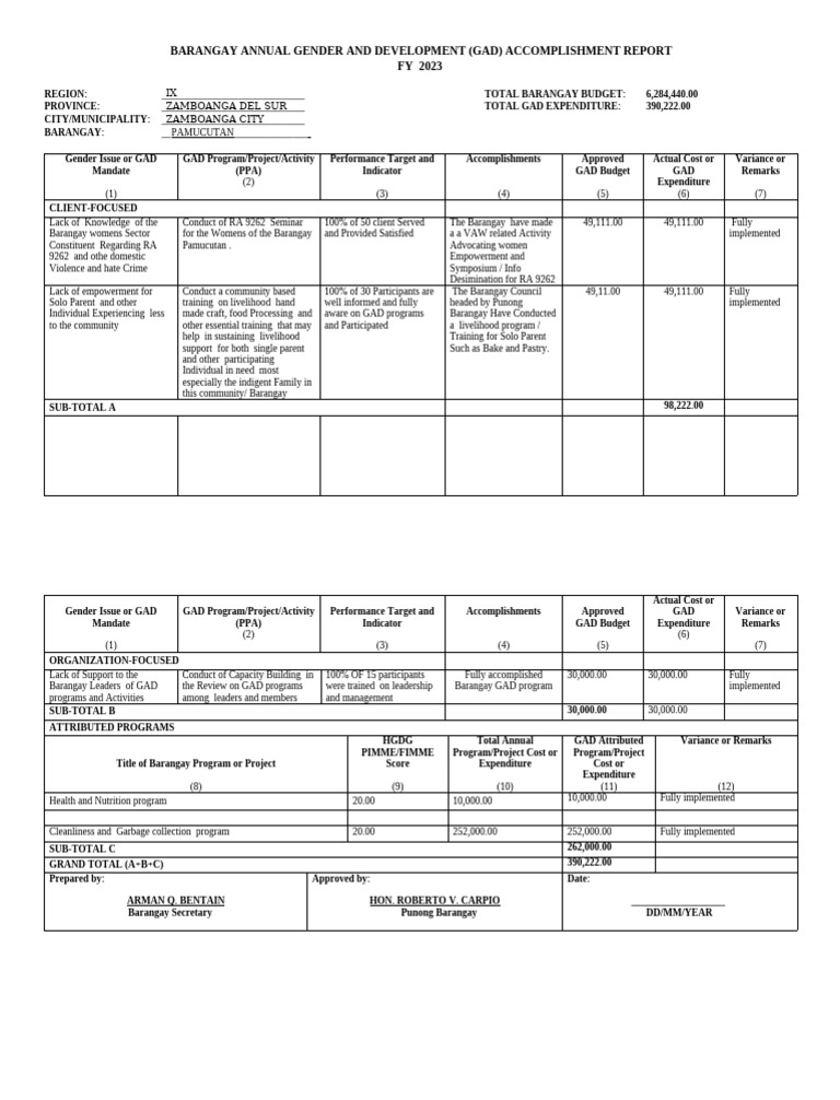 GAD ACCOMPLISHMENT REPORT FORM 2023 | PDF | Egalitarianism | Gender ...
