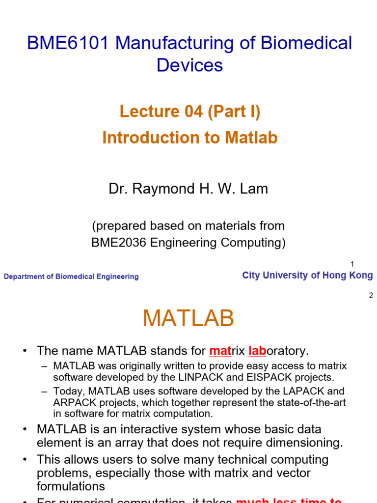 BME6101+ +lecture+04+ (Part+I) + +slides+ +Matlab+Basics | PDF | Matrix ...