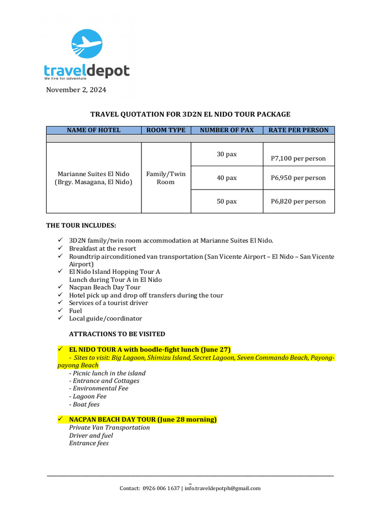 El Nido 3D2N Tour Package Quotation | PDF