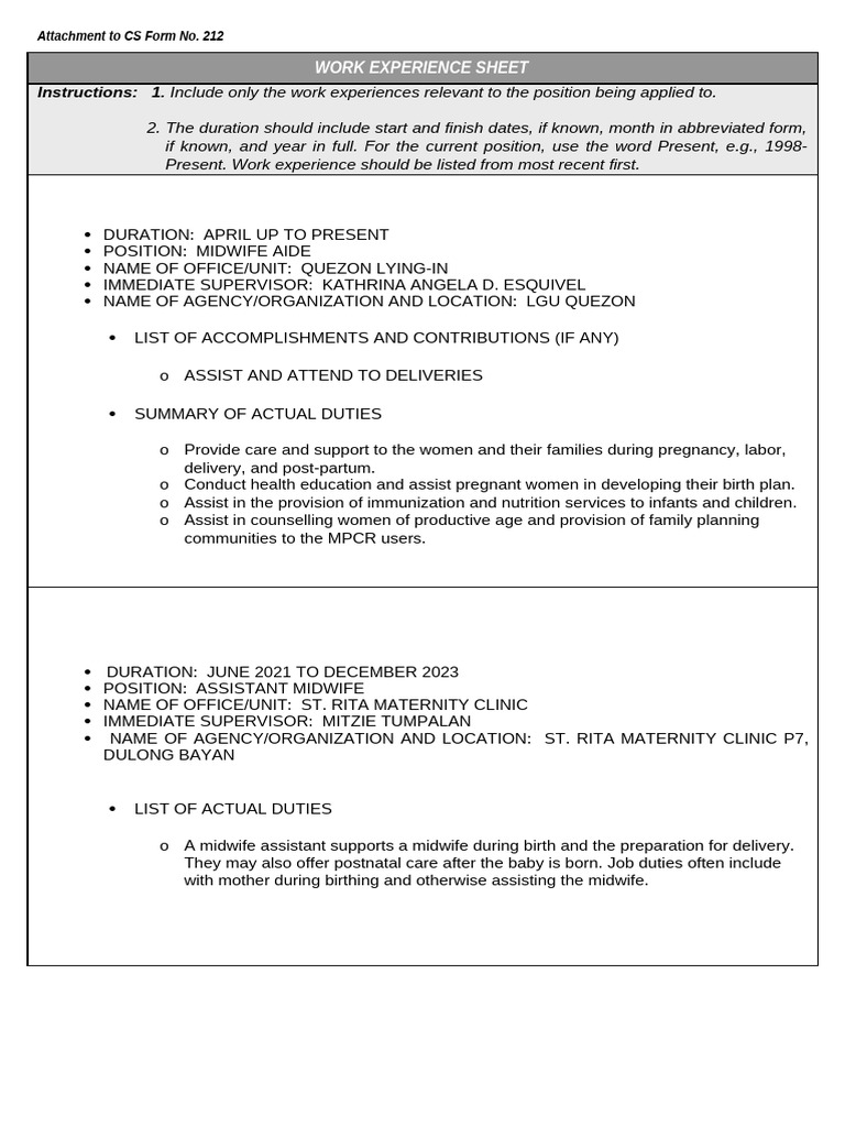 Work Experience Sheet for Midwives | PDF | Childbirth | Midwife