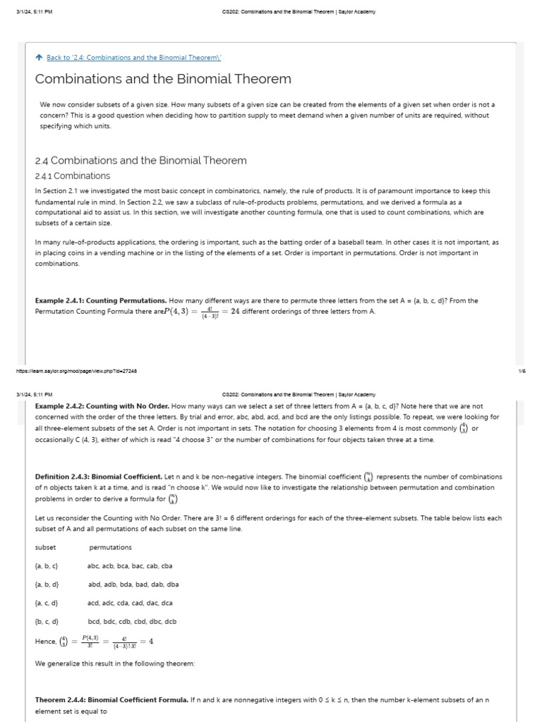 Combinations and Binomial Theorem Explained | PDF | Mathematics ...