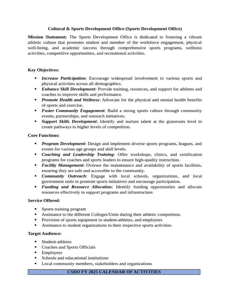 CSDO (Sports Office) 2025 Plan | PDF | Sports | High Intensity Interval ...