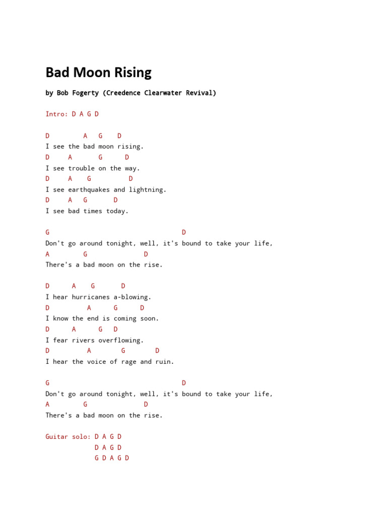 Bad Moon Rising - Lyrics & Chords | PDF