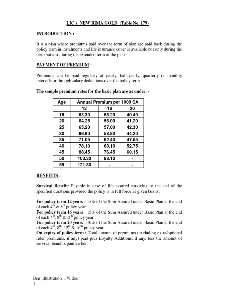 LIC Bima Gold Plan Overview and Benefits | PDF | Insurance | Life Insurance