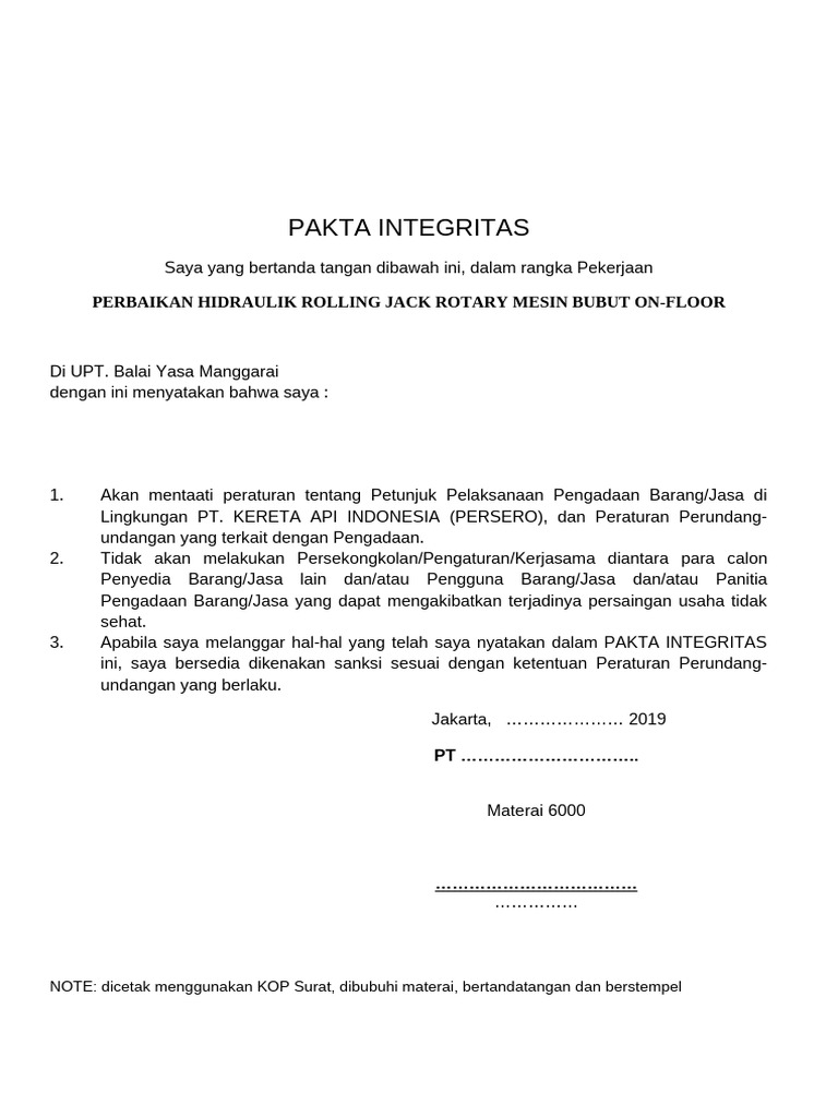 Contoh Pakta Integritas Pengadaan | PDF