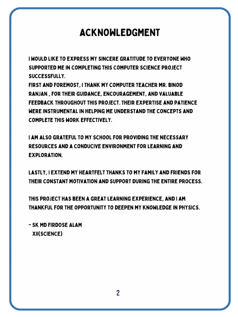 Acknowledgment for Computer Science Project | PDF