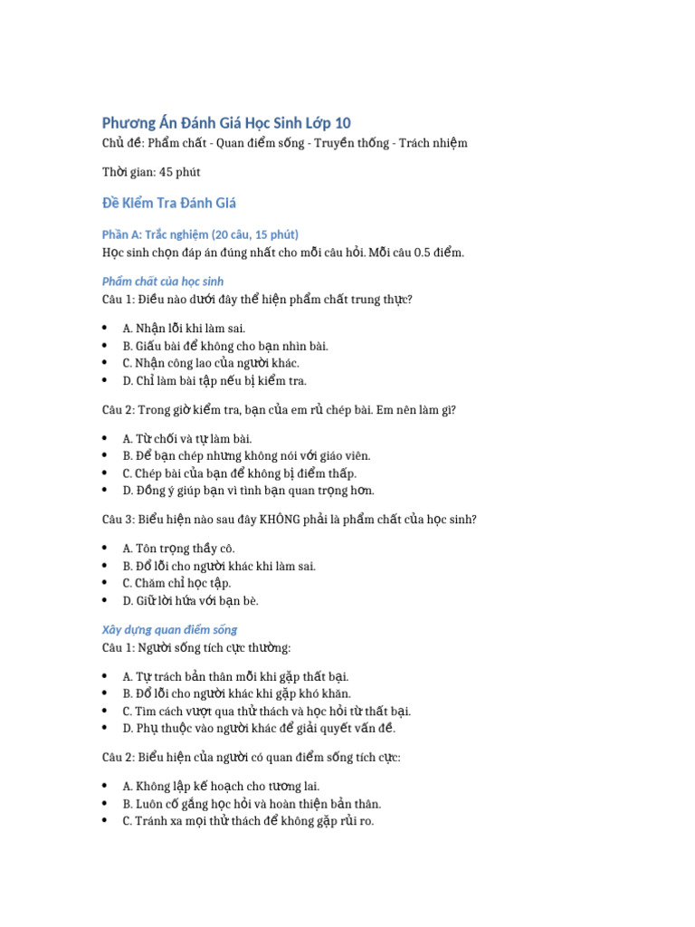 Phuong An Danh Gia Hoc Sinh Lop 10 | PDF