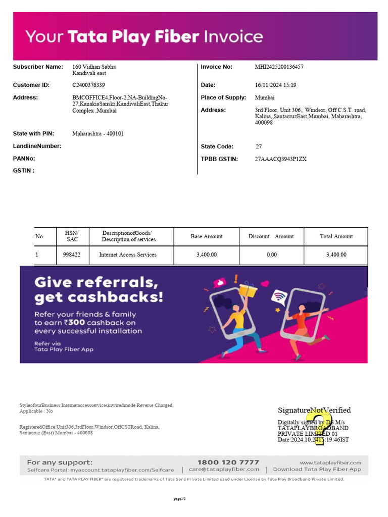 Internet Access Services Invoice MHI2425200136457 | PDF
