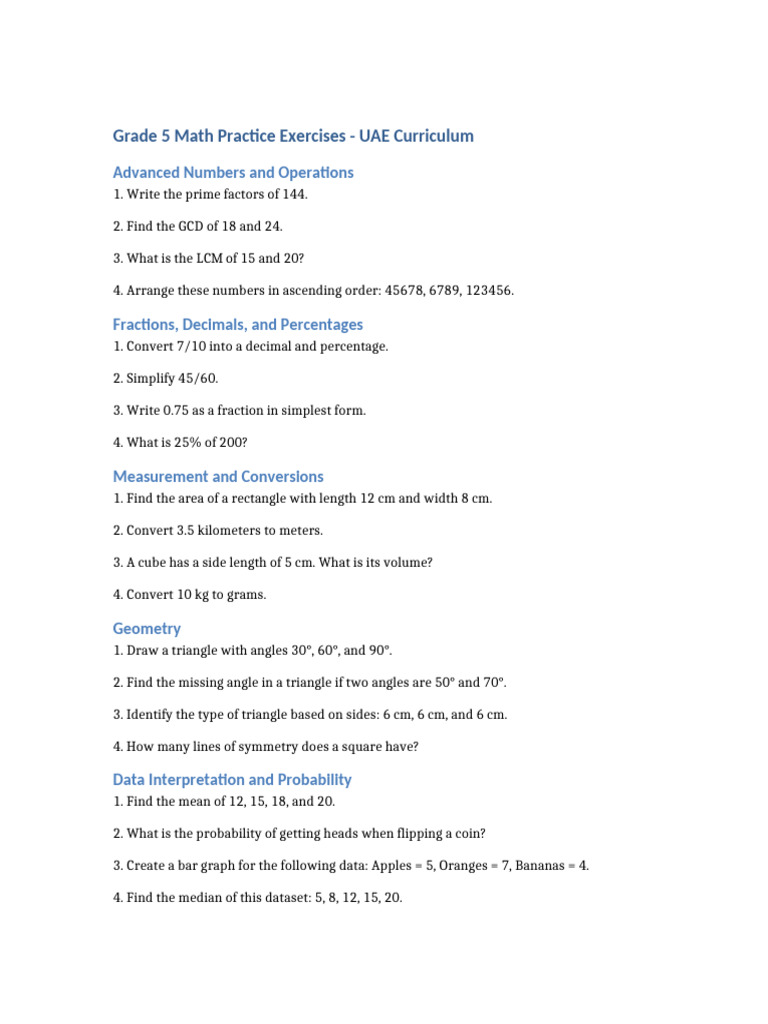 Grade 5 Math Exercises UAE | PDF
