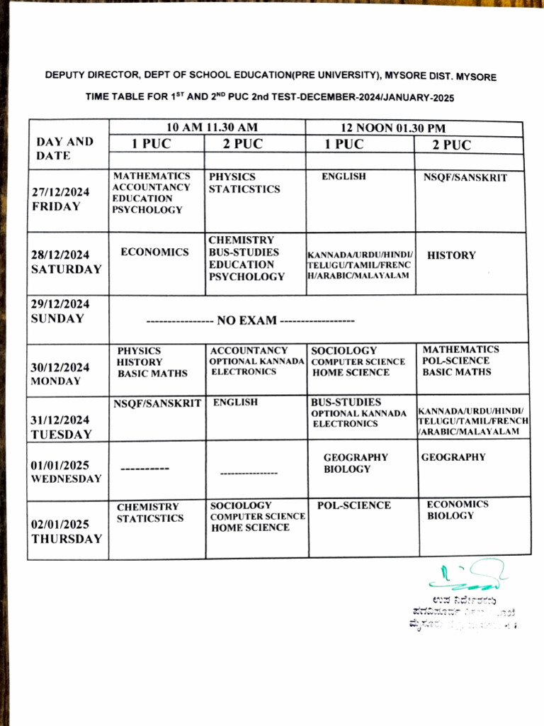 2nd PUC Time Table Dec 2024 - Jan 2025 | PDF | Science