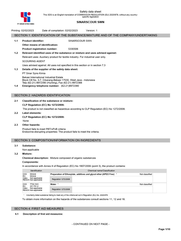 SINARSCOUR SWN Safety Data Sheet | PDF | Dangerous Goods | Toxicity