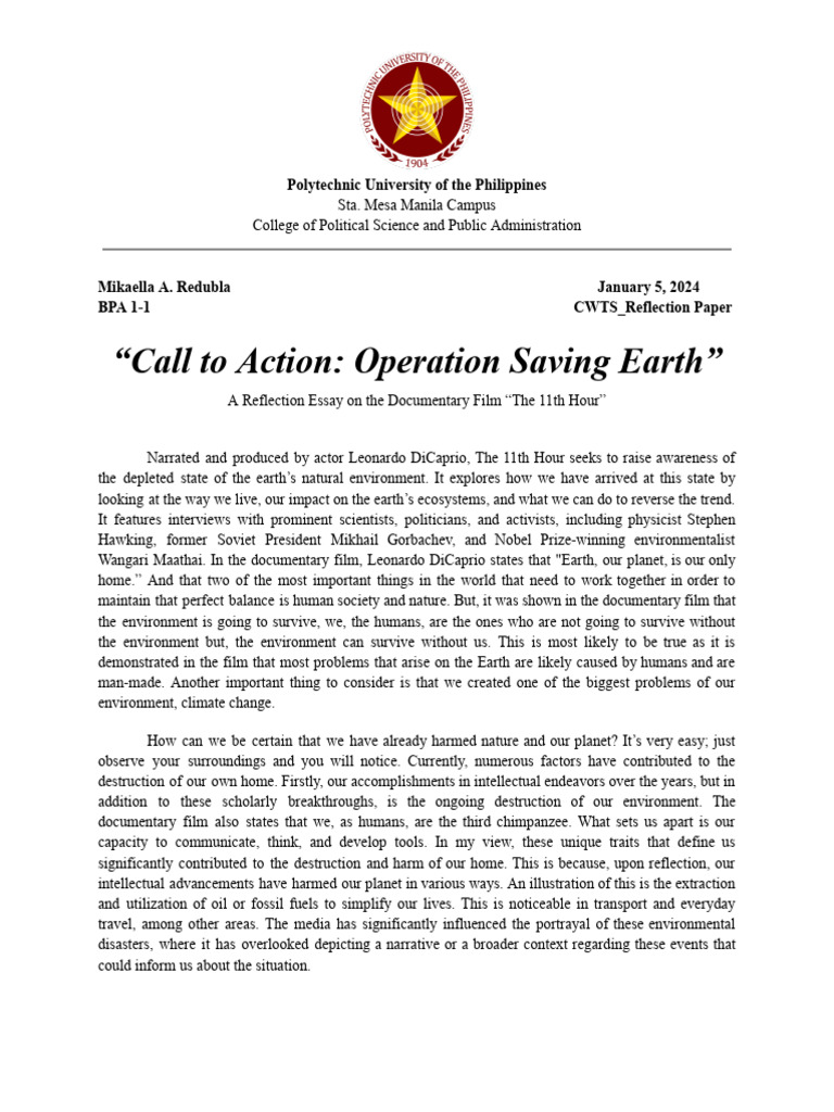Reflection Paper in CWTS | PDF | Natural Environment | Nature