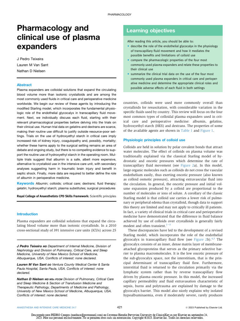 Pharmacology and Clinical Use of Plasma Expanders | PDF