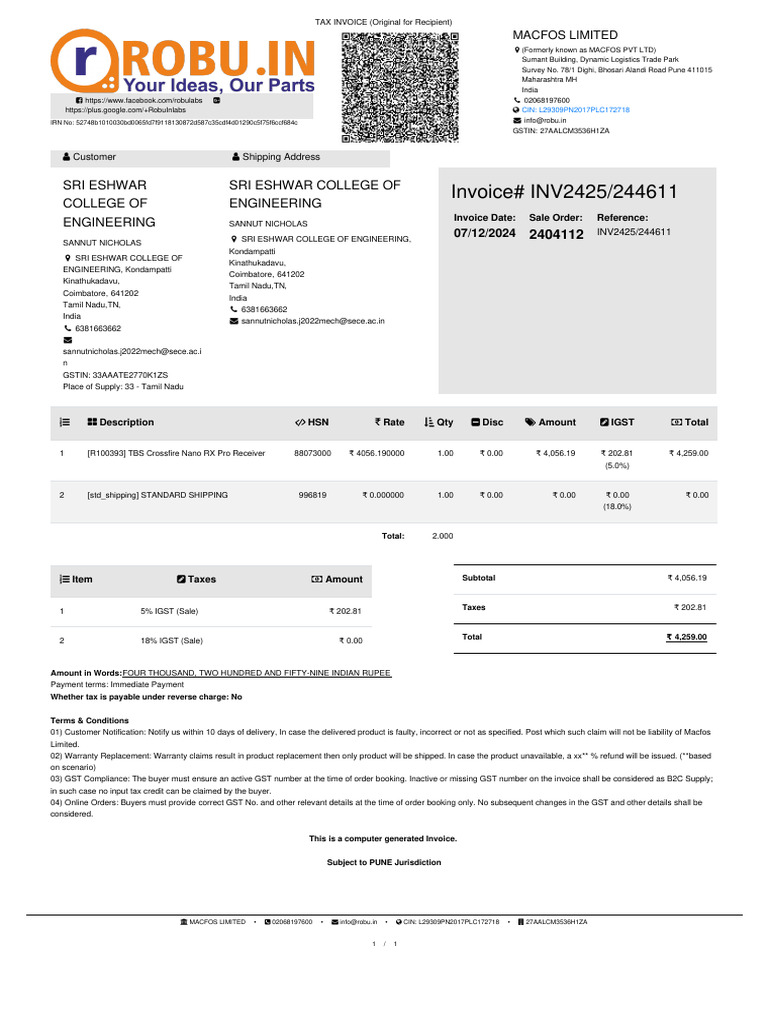 Invoice for TBS Crossfire Nano RX Pro | PDF | Rupee | Invoice