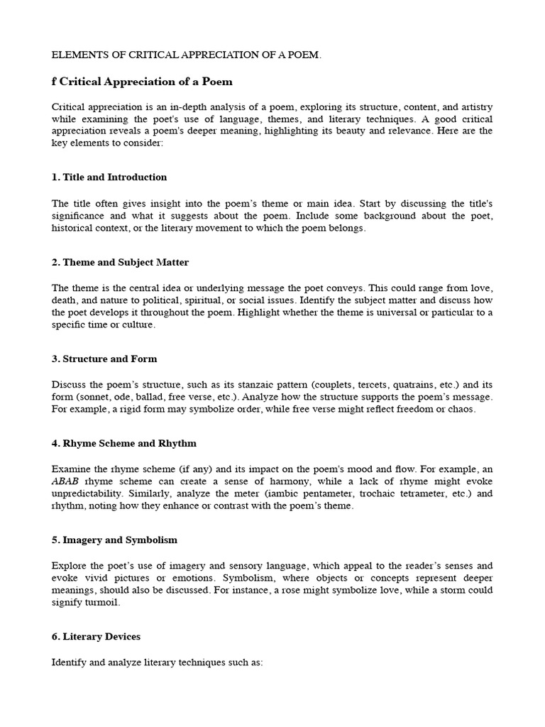 Critical Appreciation of Poetry Elements | PDF | Poetry | Poetics