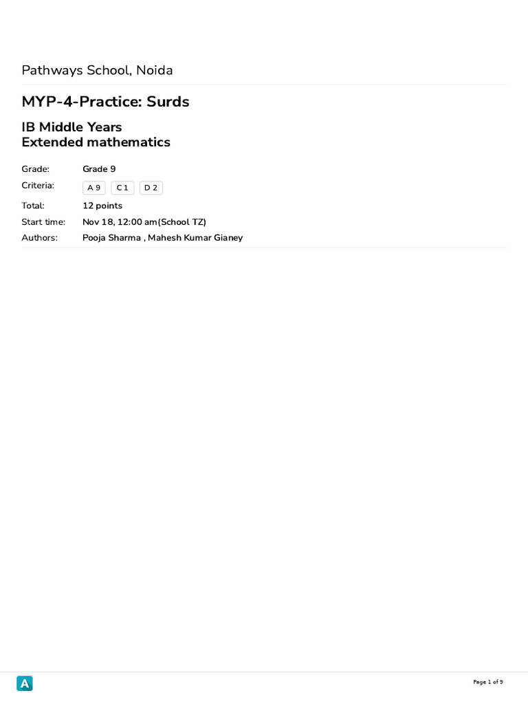 MYP 4 Math Worksheets: Surds Practice | PDF