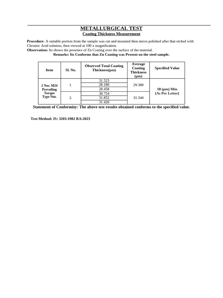 Zinc Coating Report Format | PDF
