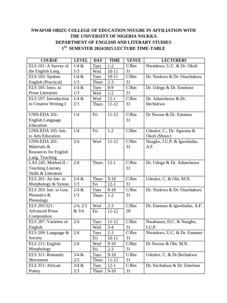 English Dept. 2024/25 Semester Timetable | PDF | Languages | Foreign ...