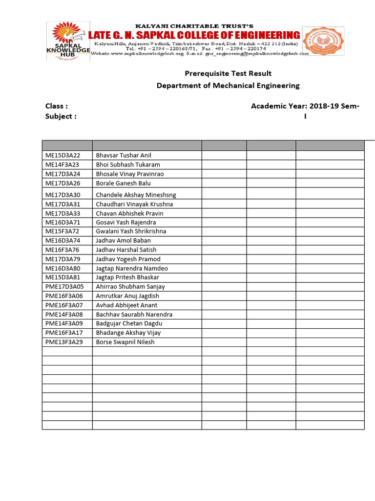 Mechanical Engineering Test Results 2018-19 | PDF