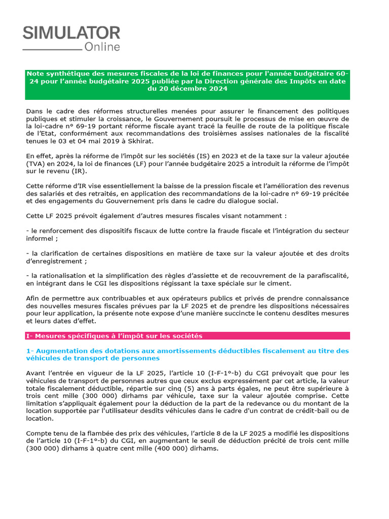 Mesures fiscales LF 2025 : Réformes clés | PDF | Impôt sur le revenu ...