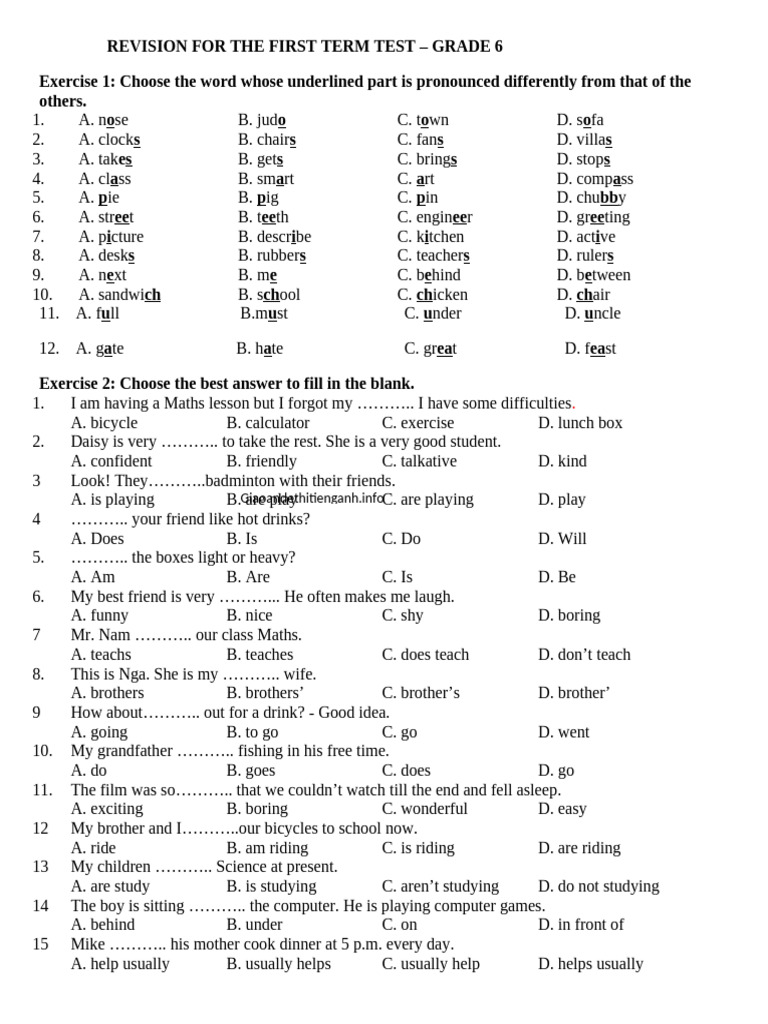 Grade 6 Term Test Revision Exercises | PDF | Bedroom