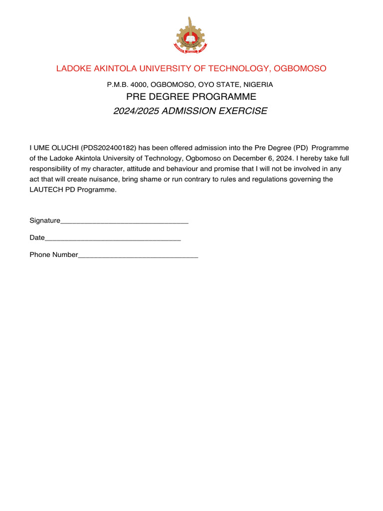 LAUTECH Pre-Degree Admission 2024/2025 | PDF
