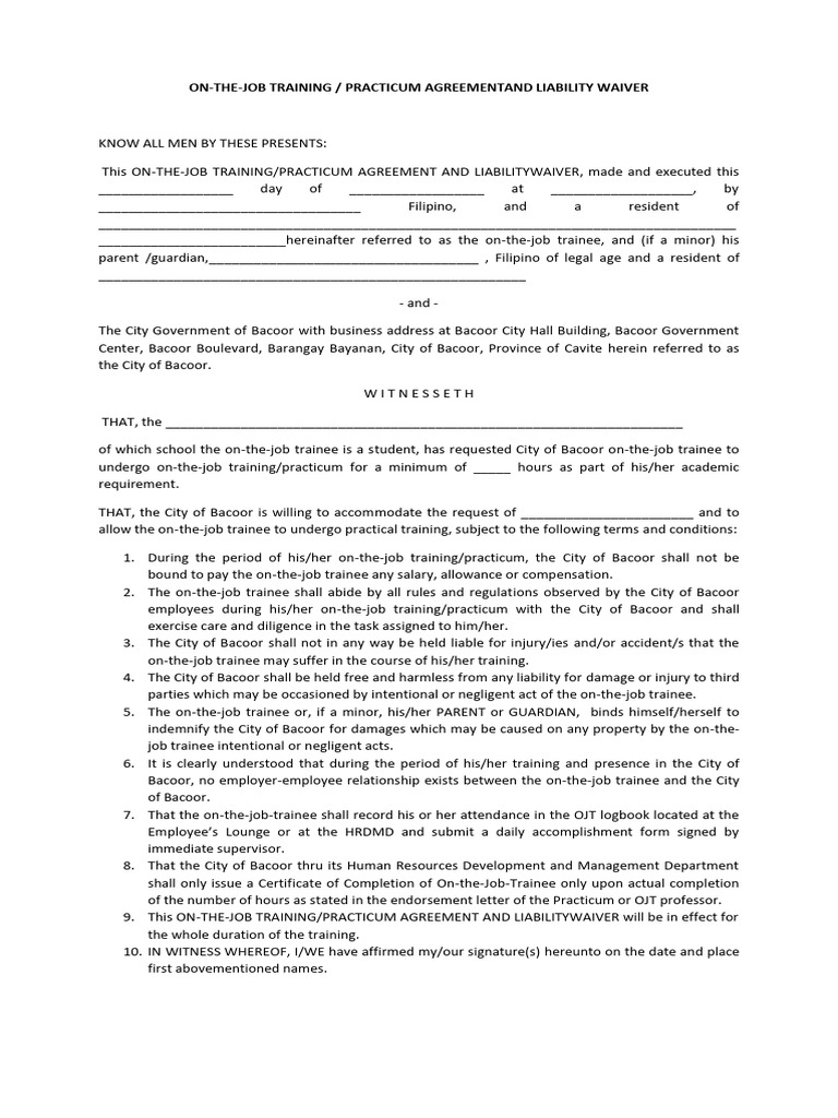 On The Job Training Waiver BGC | PDF | Legal Liability | Business