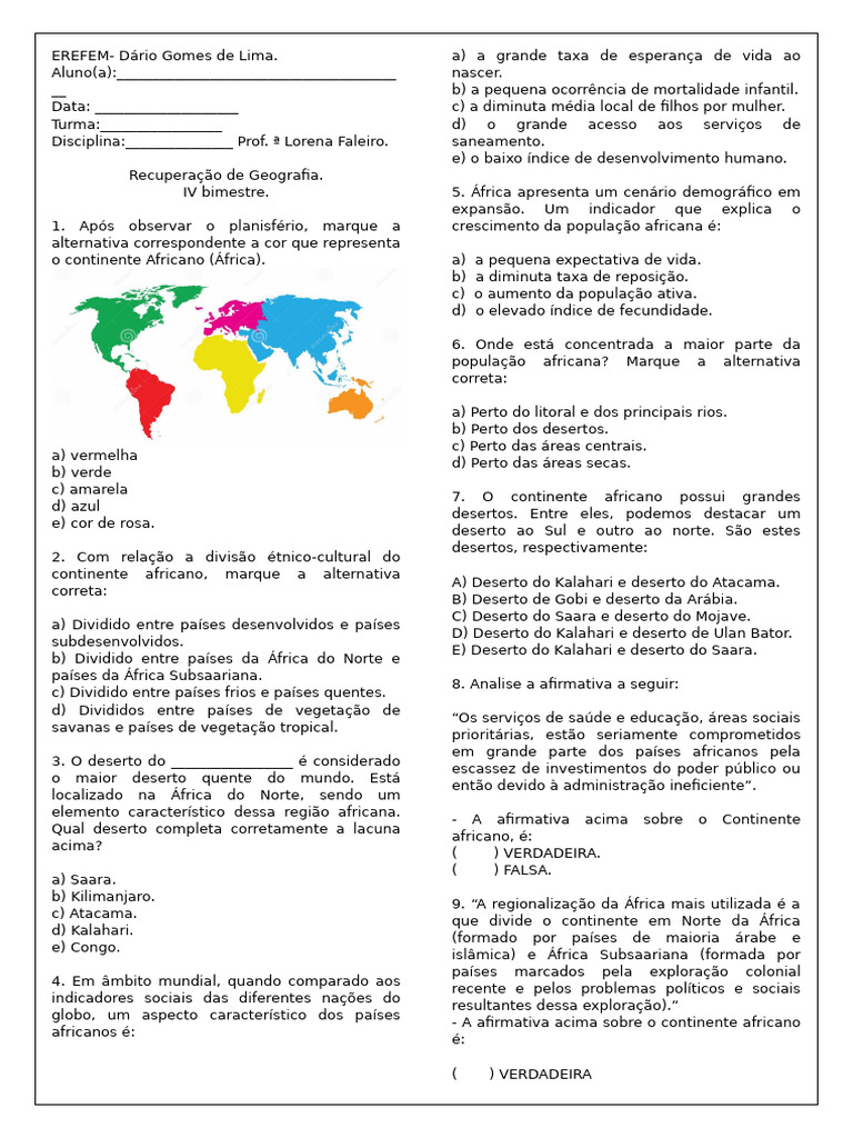 Questões sobre a África - 8º Ano | PDF | África | Deserto