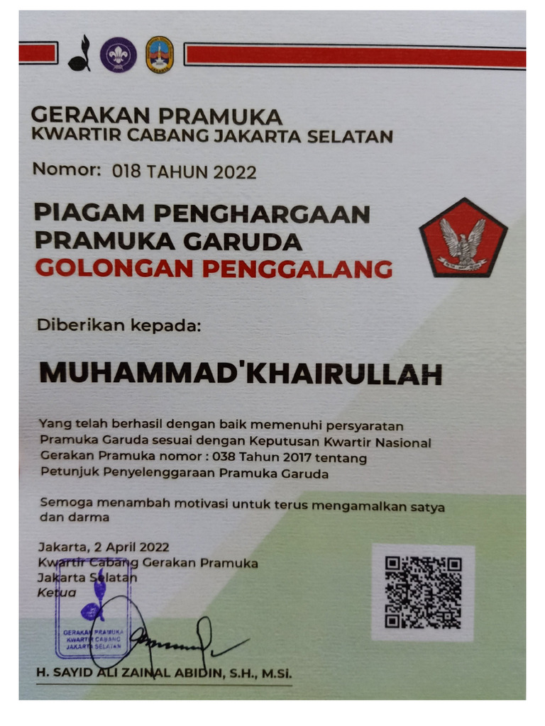 Piagam Pramuka Muhammad Khairullah (p2) | PDF
