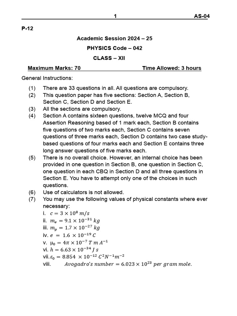 Class 12 Physics Exam Paper 2024-25 | PDF | Capacitor | Capacitance