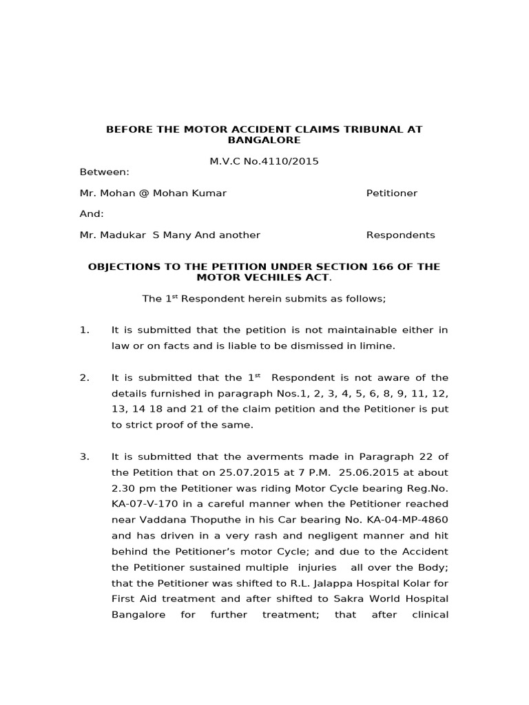 Objections in MVC Case No. 4110/2015 | PDF | Affidavit | Justice