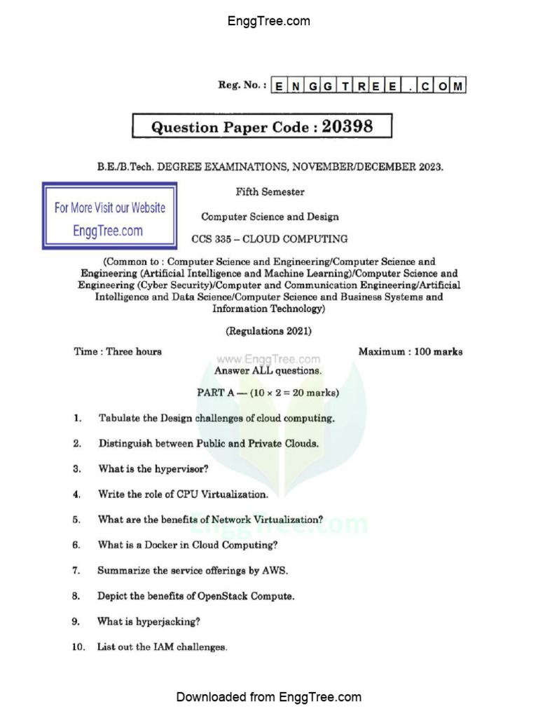 CCS335 Cloud Computing Nov Dec 2023 Question Paper Download | PDF
