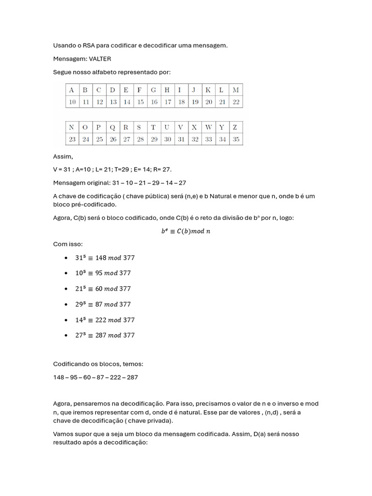 Codificação e Decodificação RSA Simplificada | PDF | Chave ...