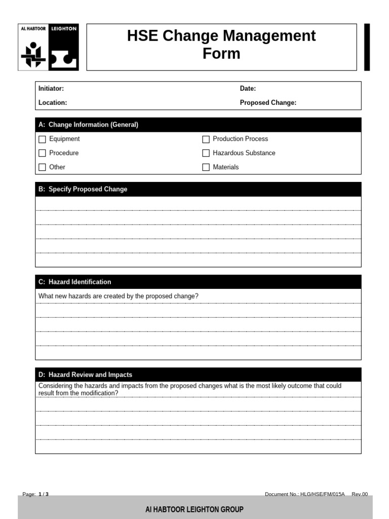 HLG HSE FM 015A r00 HSE Change Management Form | PDF | Risk | Hazards