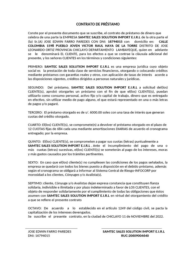 Contrato de Préstamo de Dinero | PDF | Crédito | Finanzas y dinero