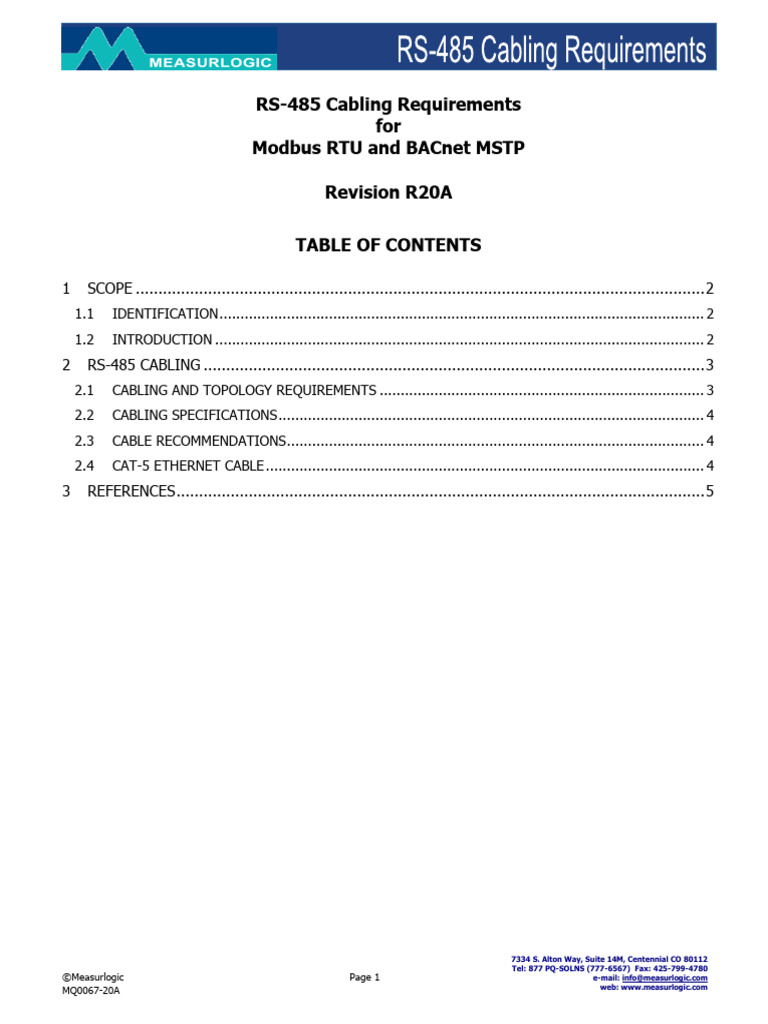 RS 485 Cabling Requirements Modbus RTU and BACnet MSTP R20A PDF